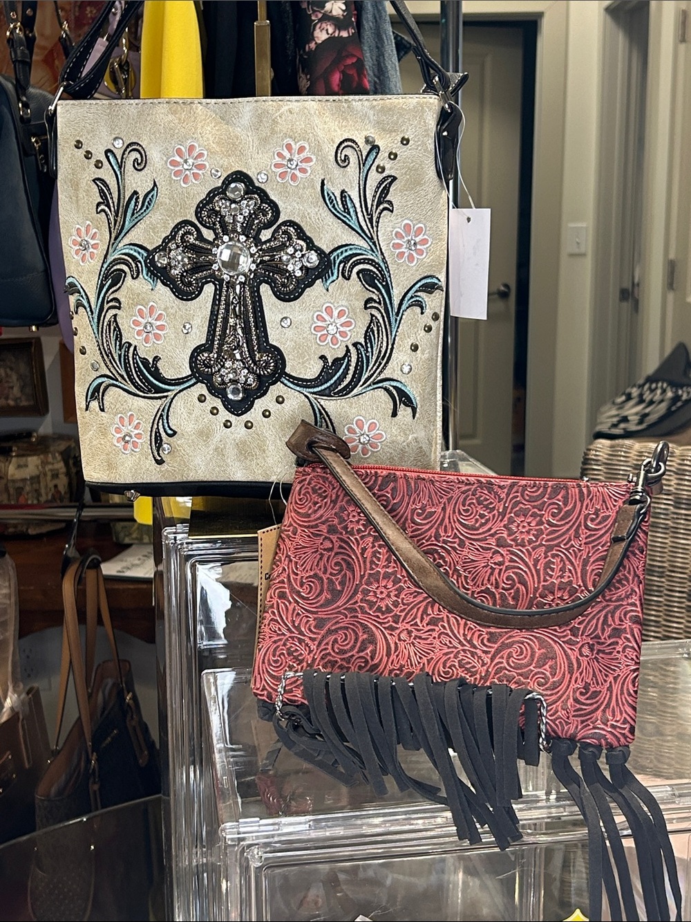 Beige Floral Cross Embellished Crossbody & Justin Convertible Bag Vegan NWT
